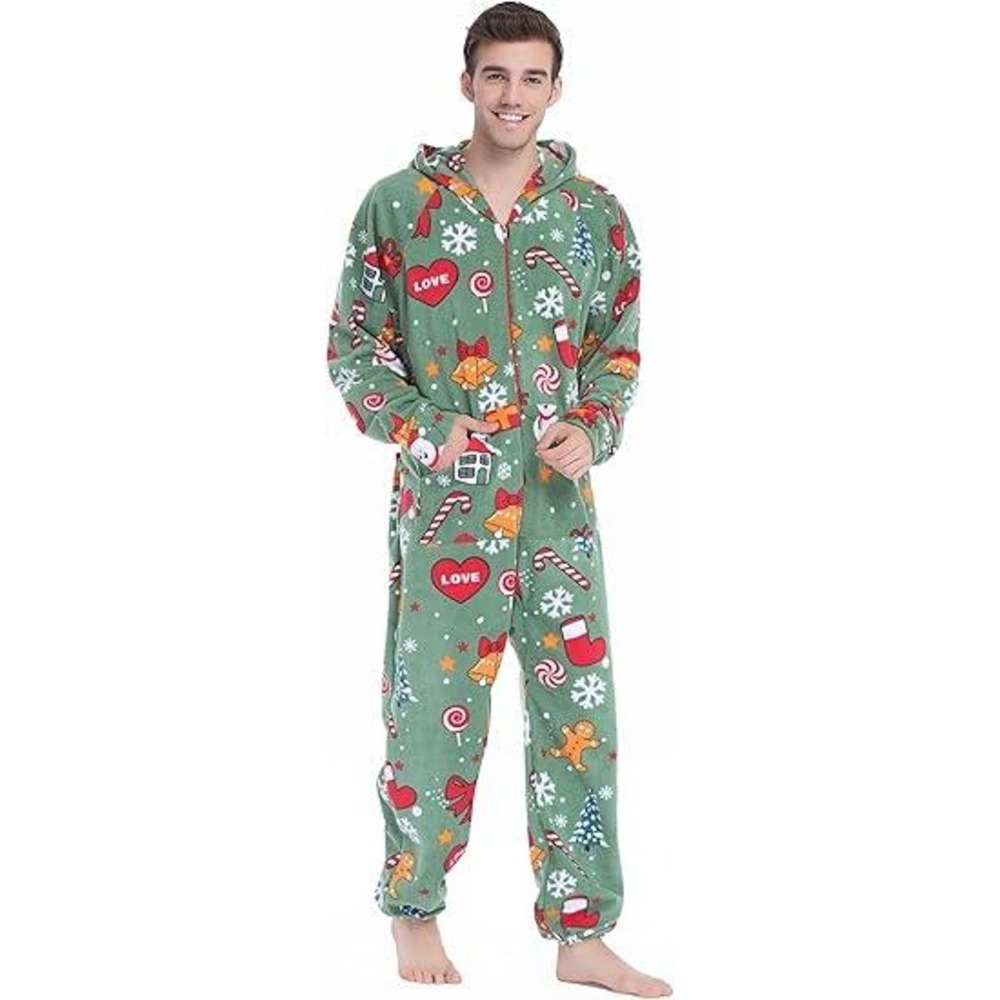 Christmas Snowman Gingerbread Man Pajamas Jumpsuit Hooded One Piece Adult - Picture 2 of 3